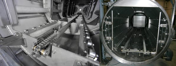 Interior of a retort equipped with chain conveyor system for automated basket transport in food sterilization processes.