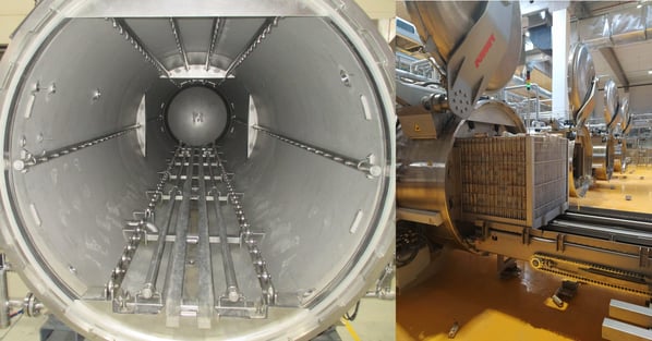 Retort chamber with static rollers designed for push-pull shuttle systems in automated food processing lines.