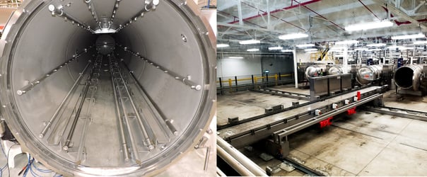 terilization retort with a smooth floor layout compatible with tongue-type shuttle systems, without internal rollers or rails.